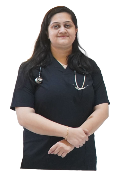 Dr. Digita J. Bhati wearing dark scrubs and a stethoscope.